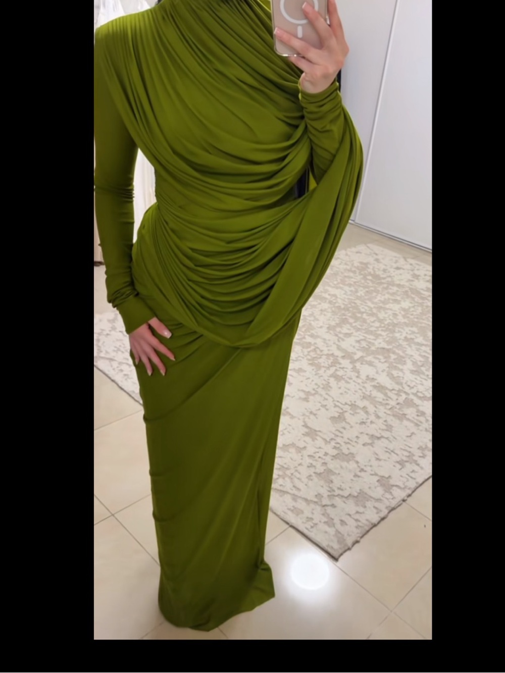 Elegant Olive-Green Long Sleeve Draped Evening Dress Nwt Size Xs — image 4 of 7